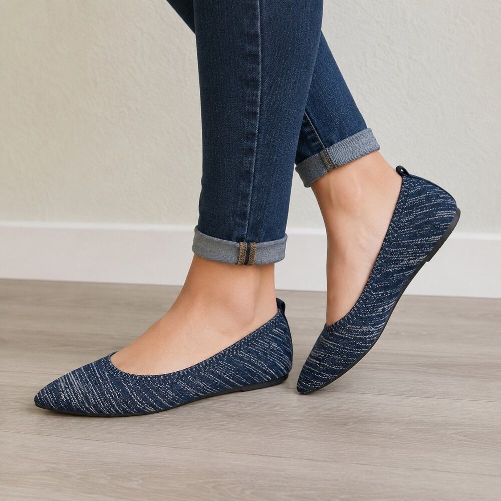 Breifola Knit Pointed Toe Flats Navy White Stretch Ballet Shoes Women's 7